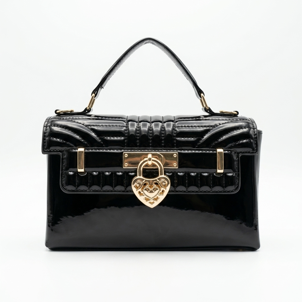 Bolso de Mano para Mujer en Charol con Candado de Corazón - Color Negro