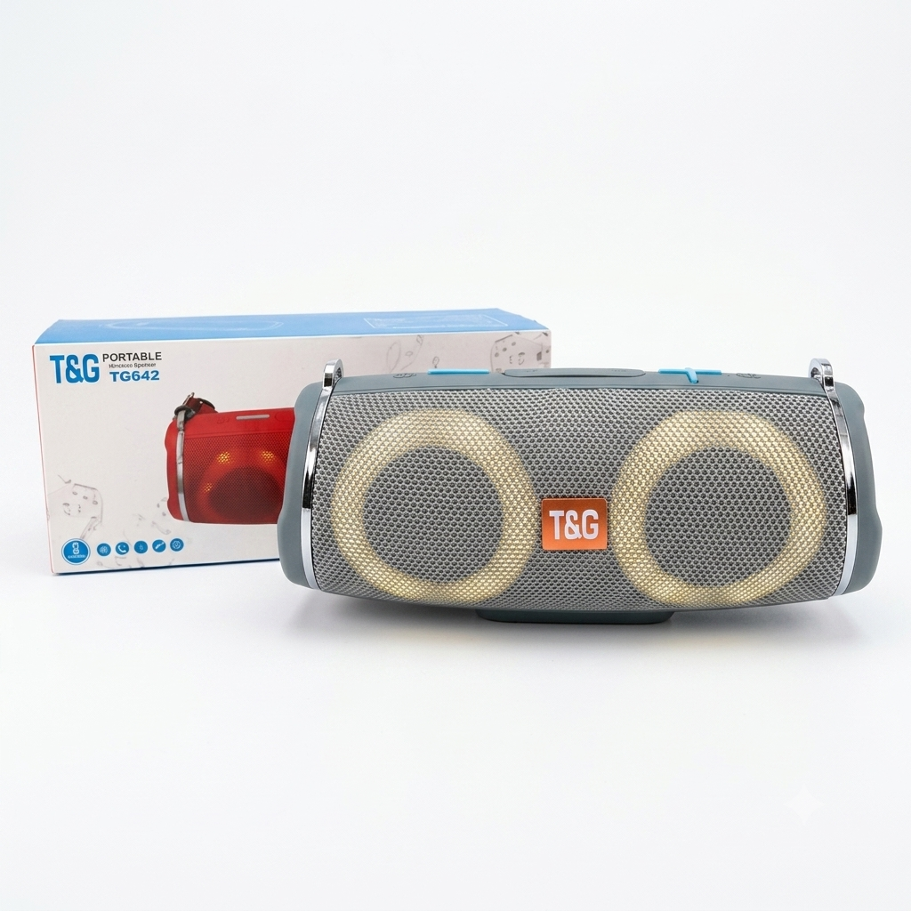 Parlante Inalámbrico Portátil T&G TG642 - Doble Bocina con Luces LED y Enganches para Correa (Gris / Azul Claro)