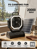 Ventilador Recargable para Camping F6 JMD – Batería 20.000 mAh, Luz LED Ajustable, Giro Automático 360° y Panel Solar