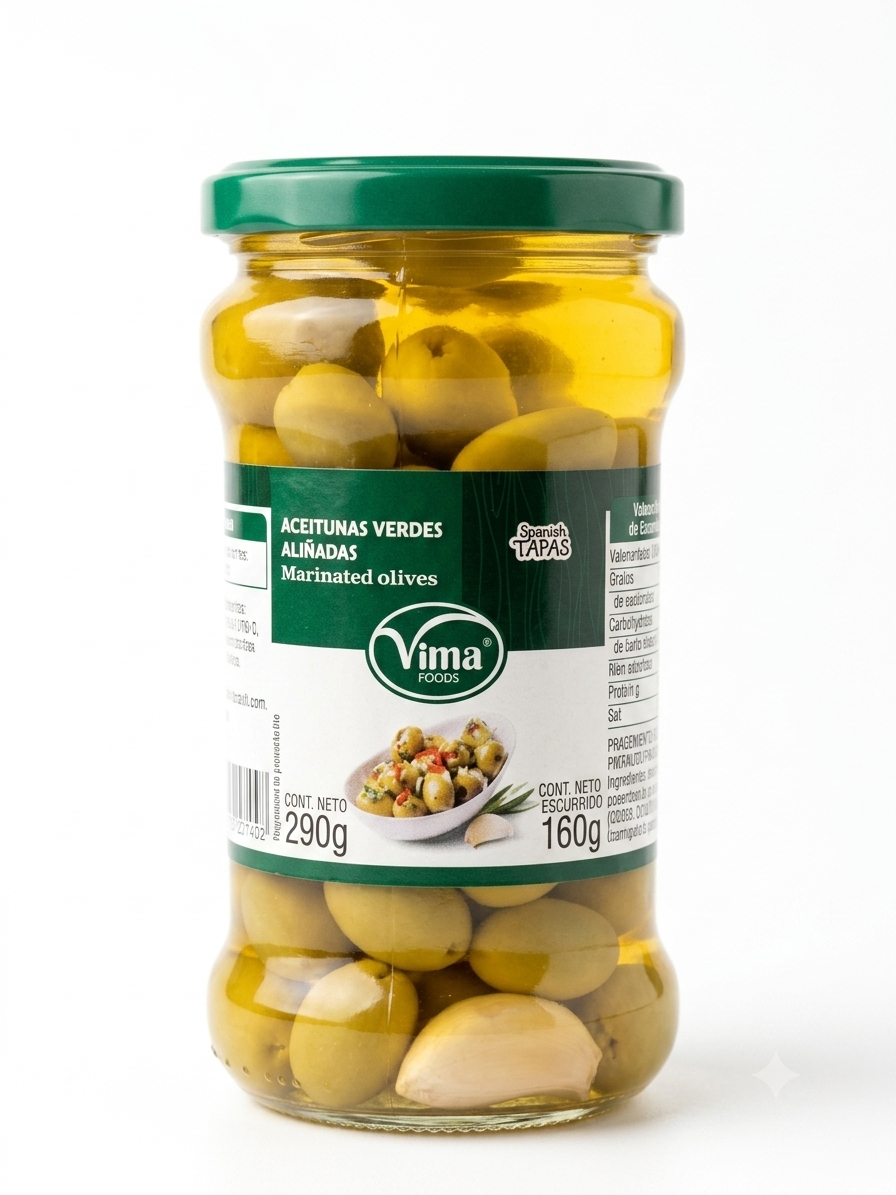 Aceitunas Verdes Aliñadas Vima Foods - Spanish Tapas (290g / Escurrido 160g)