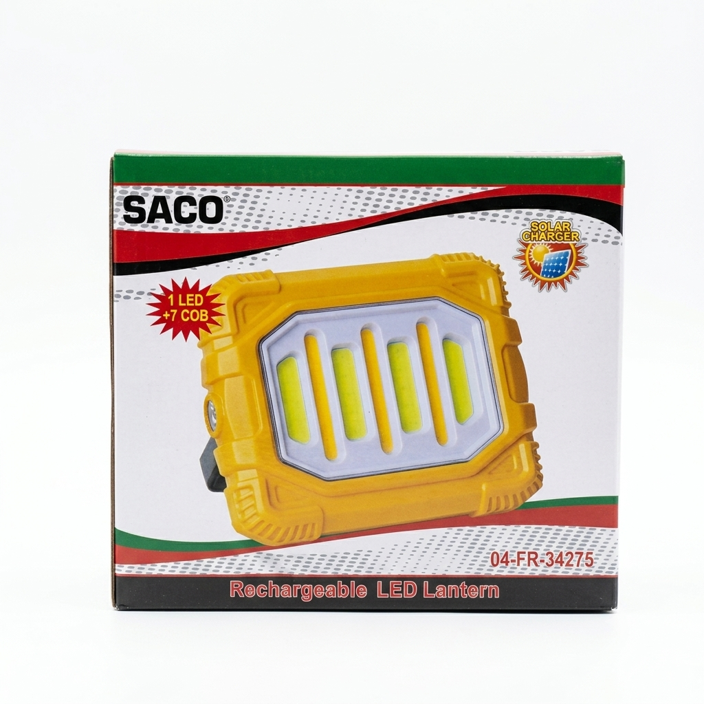Lámpara LED Solar Recargable SACO – Panel COB de Alta Potencia y Linterna Lateral de Largo Alcance (Modelo 04-FR-34275)