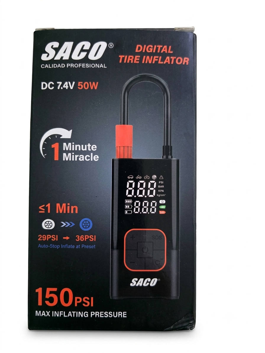 Inflador Digital de Neumáticos SACO 150 PSI - DC 7.4V / 50W