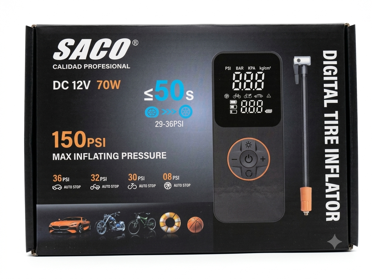 Inflador Digital de Neumáticos SACO 150 PSI - DC 12V / 70W