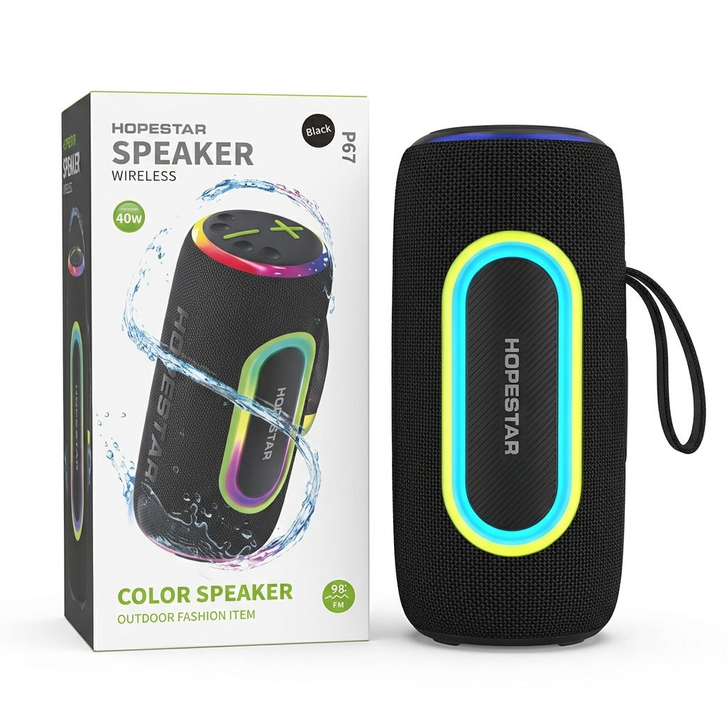 Parlante Inalámbrico Portátil HOPESTAR P67 - 40W con Luces LED RGB y Radio FM (Color Negro)