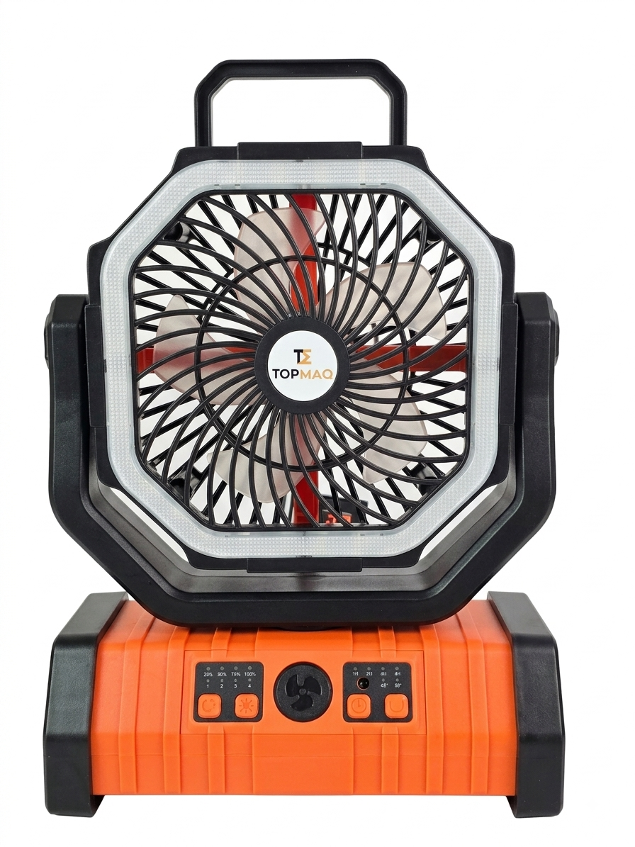 Ventilador Recargable para Camping F6 JMD – Batería 20.000 mAh, Luz LED Ajustable, Giro Automático 360° y Panel Solar