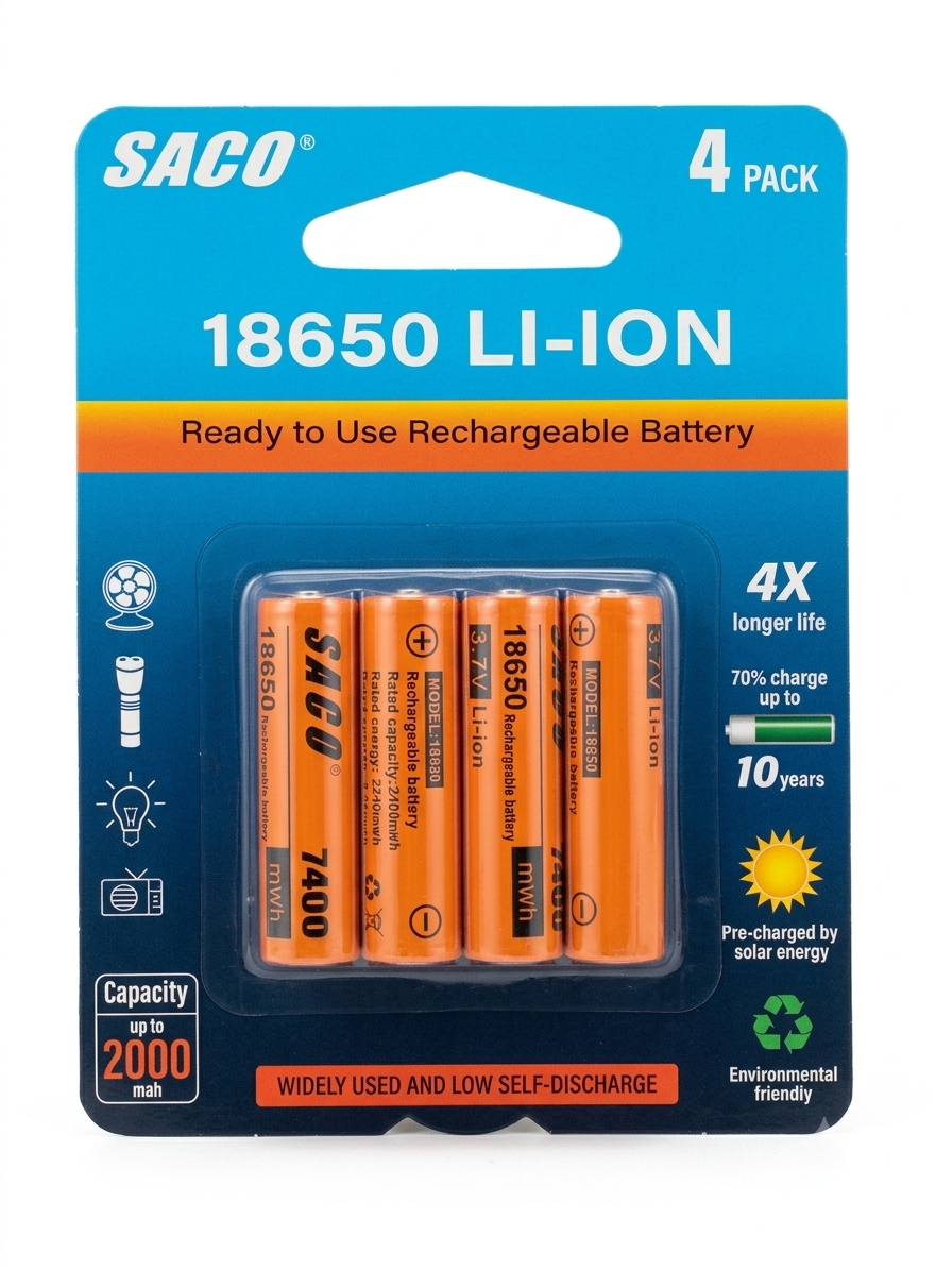 Pack de 4 Baterías Recargables de Litio 18650 SACO - 3.7V (2000 mAh)