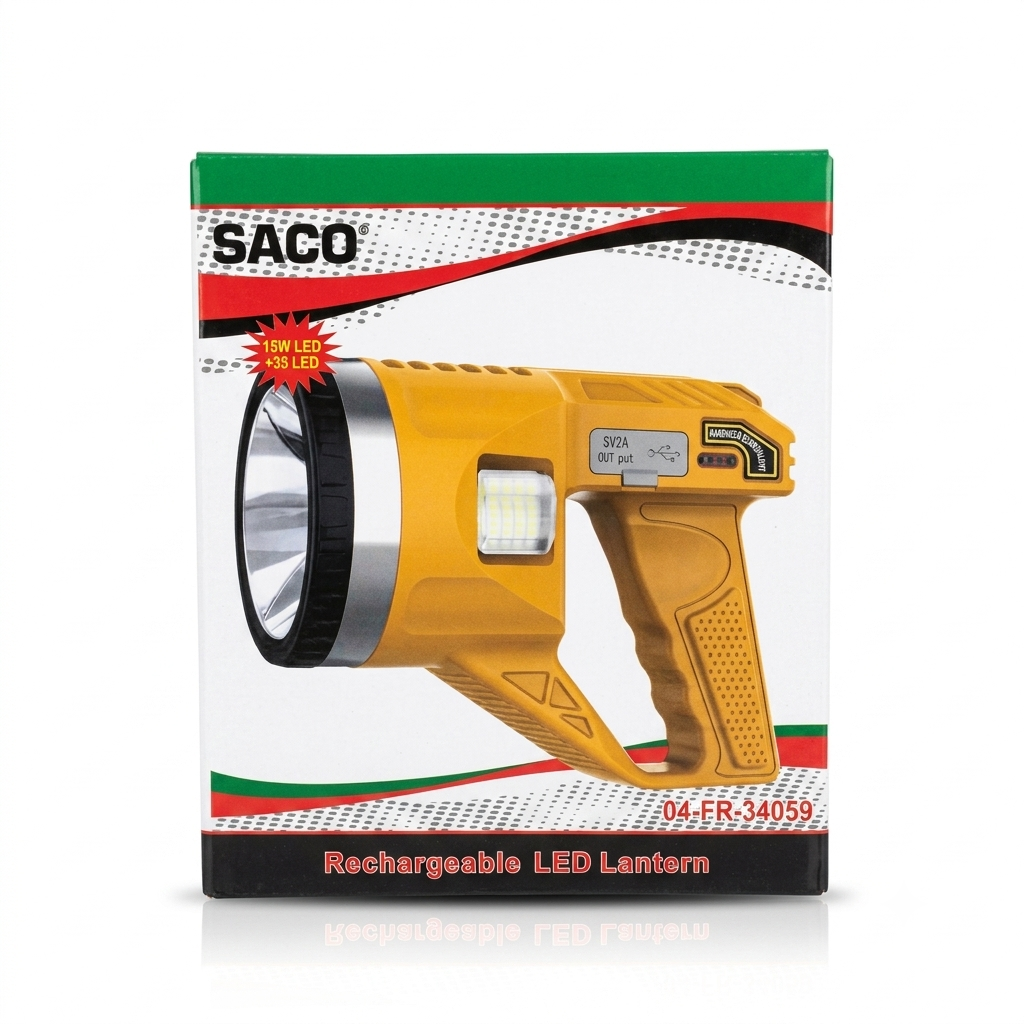Foco Reflector LED Profesional SACO (30W Equivalente, 04-FR-34059) – Recargable, Trípode Incluido y Función Power Bank para Celulares