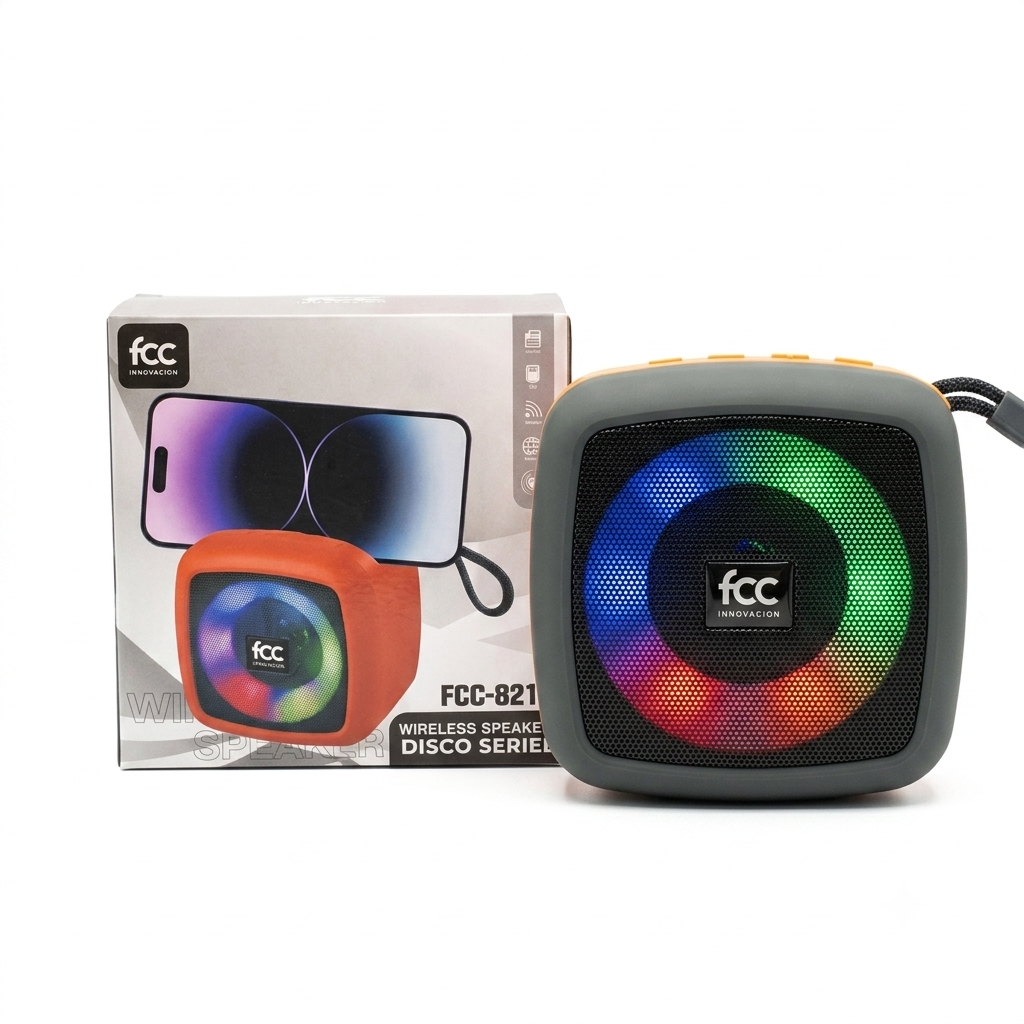 Parlante Inalámbrico Portátil FCC DISCO SERIES - FCC-821 con Luces LED RGB y Soporte para Celular