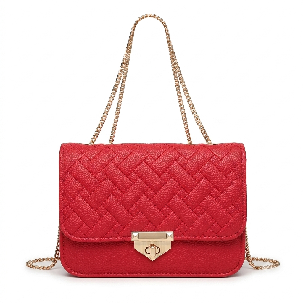 Bolso de Hombro Acolchado para Mujer con Cadena Metálica - Color Rojo