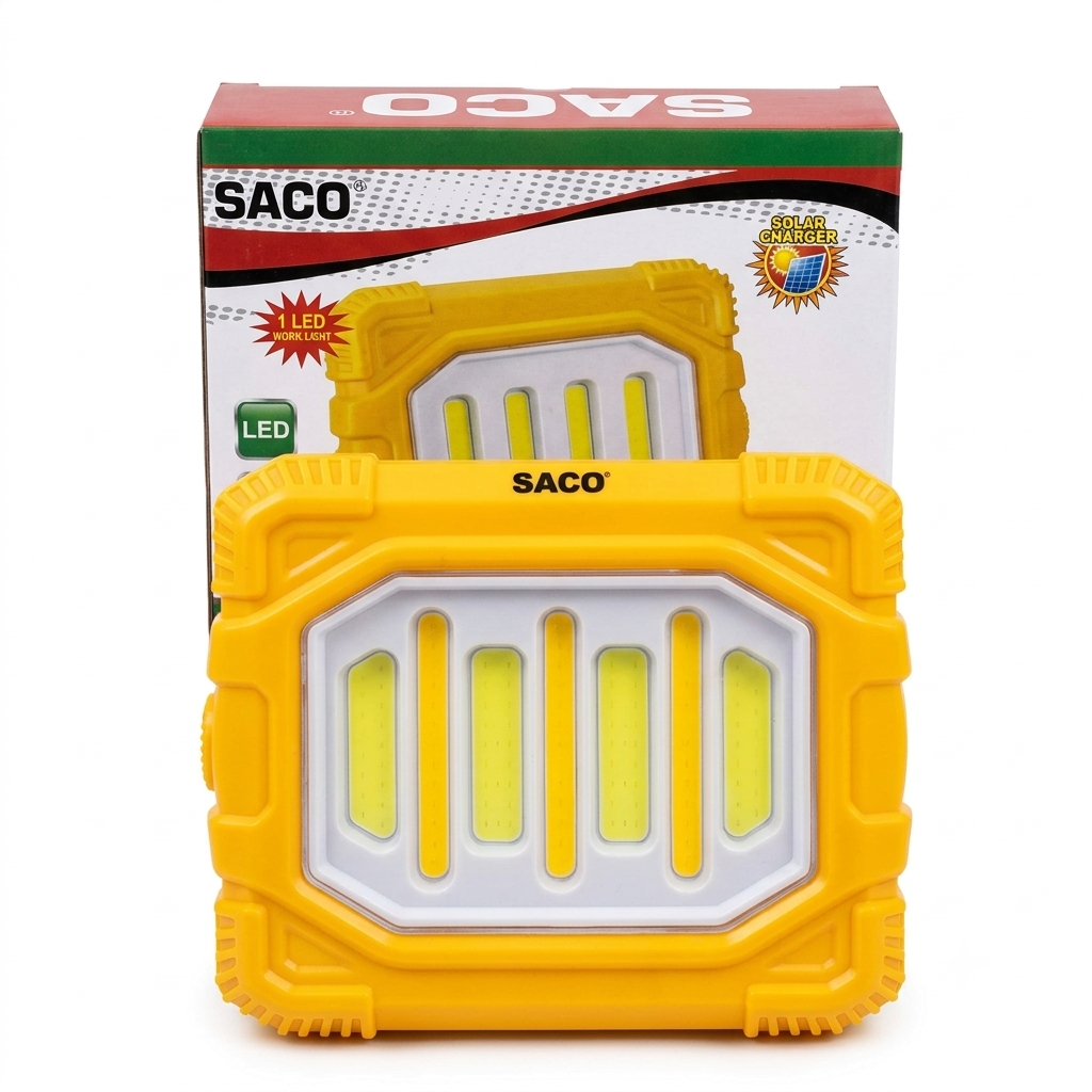 Lámpara LED Solar Recargable SACO – Panel COB de Alta Potencia y Linterna Lateral de Largo Alcance (Modelo 04-FR-34275)