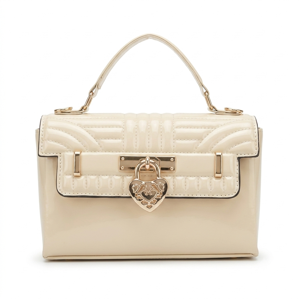 Bolso de Mano para Mujer en Charol con Candado de Corazón - Color Beige / Crema